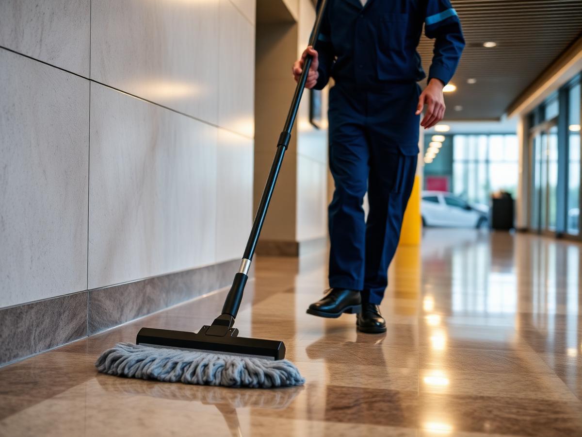 Janitor cleaning shining commercial building floor