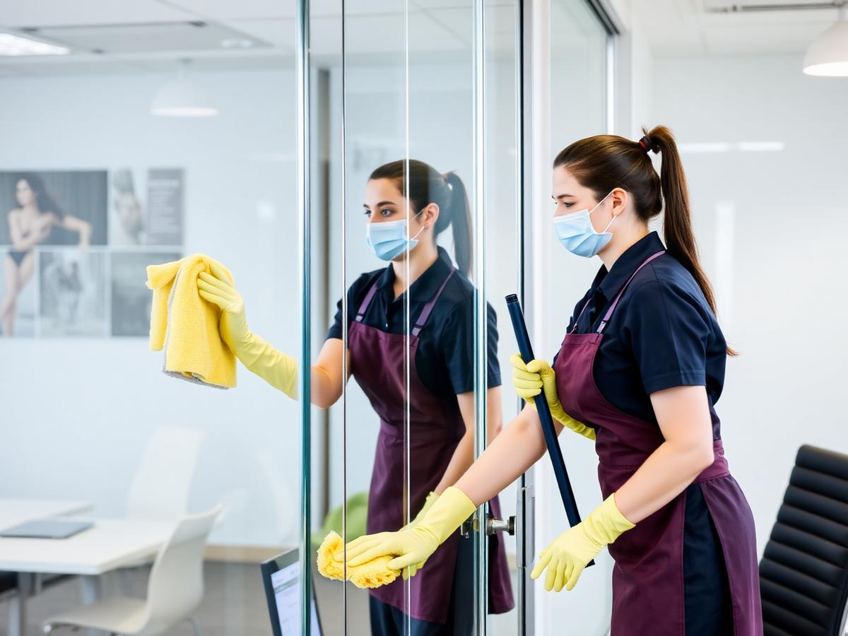 Professional cleaning team working in modern office