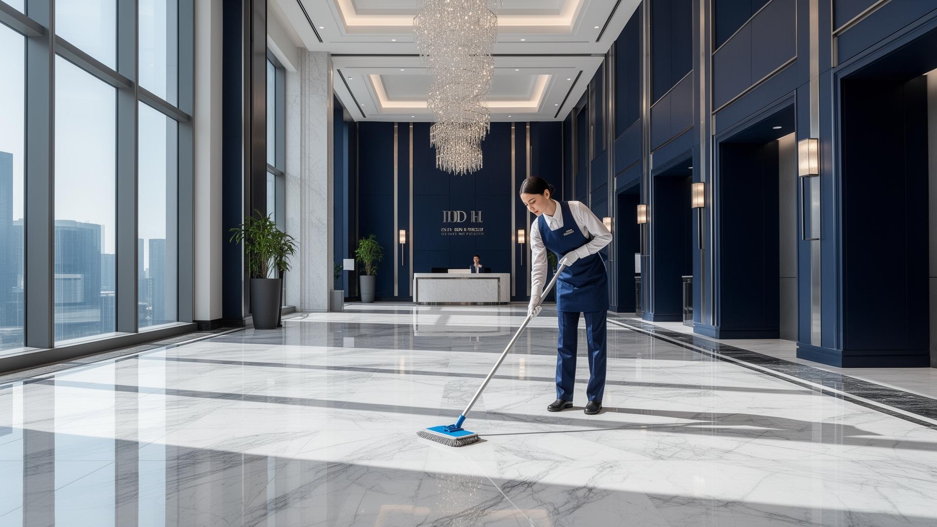 Professional commercial cleaning team servicing luxury office lobby